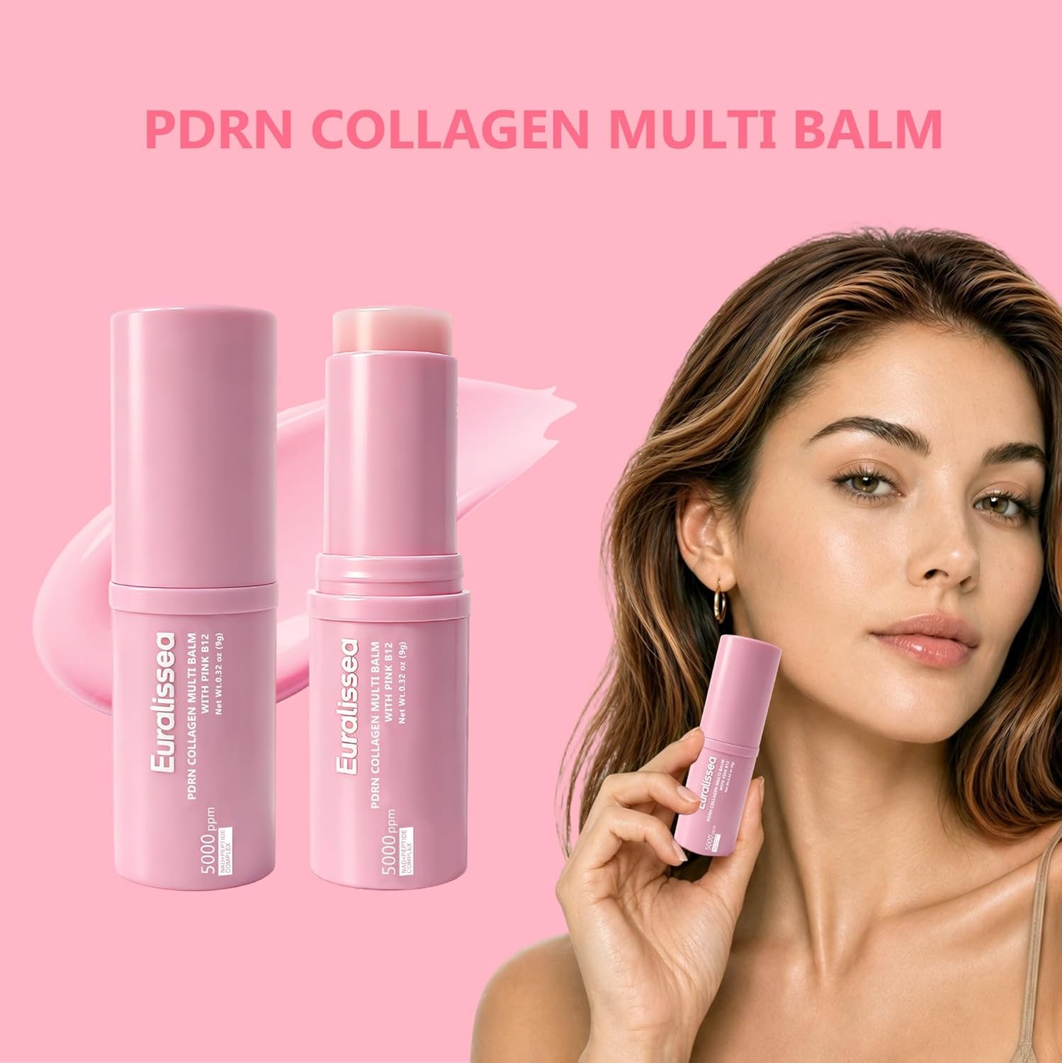 PDRN Eye Balm Stick 2 Pack, Collagen Multi Balm with Pink B12, Hydrating under Eye Care for Face, Neck & Smile Lines, 0.32 Oz Each
